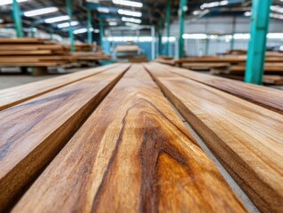 Rows of freshly milled wooden planks showcasing natural grain patterns, stretching across a timber warehouse floor.