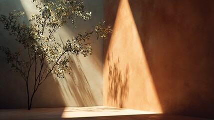 Sunlit wall with tree casting shadows, creating a warm and inviting atmosphere for product presentation and display in a modern space