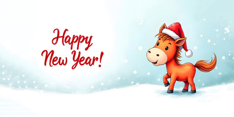 Happy New Year banner with a red horse wearing a Santa hat