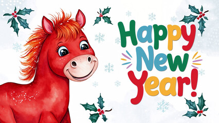 Happy New Year banner with a hand-drawn red horse