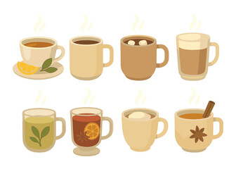 Obraz premium Collection of eight different hot beverages with decorative elements