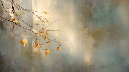 A peaceful autumn scene featuring delicate branches with golden leaves against a dreamy, textured backdrop, creating a serene and ethereal atmosphere