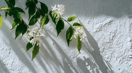 Sunlit beauty a delicate branch adorned with tiny white flowers casts a soft shadow on a textured white wall, creating a serene scene