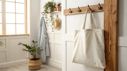 Cozy entryway with hanging tote bag coat and plants by window