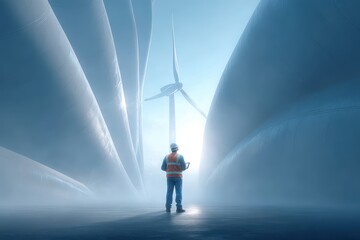 An engineer inspecting wind turbine blades, standing in a foggy landscape, clean energy, renewable resource technology, futuristic, maintenance and inspection job.