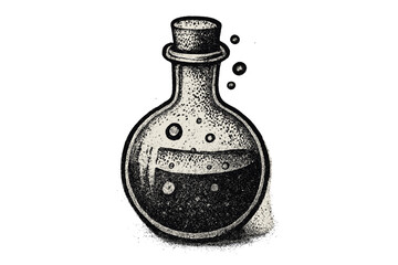 Halloween potion bottle vector. Vintage dotwork illustration for magic, alchemy, or poison concept. Spooky witch brew in glass flask with bubbles. Retro grunge fantasy art.