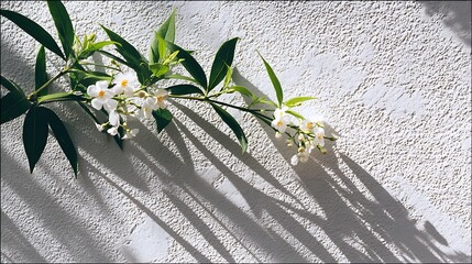 Sunkissed serenity a graceful branch with delicate white blossoms casts intricate shadows on a textured white wall, evoking a sense of calm