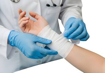 Doctor bandaging patients wrist isolated on transparent background, providing medical care and support