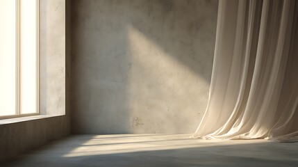 Sunlight streams into a minimalist room, casting shadows on the concrete floor and wall, with a sheer curtain gently swaying by the window
