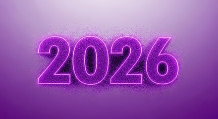 The year 2026 is displayed in a vibrant purple hue with a sparkling effect on a gradient background
