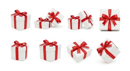 Collection of eight white gift boxes with red ribbons and bows isolated on white background for celebration