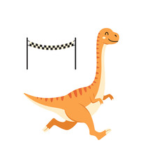 Joyful orange dinosaur races towards checkered finish line with a huge smile, celebrating fun and adventure