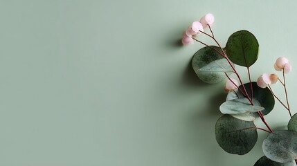 Eucalyptus branch with pink berries on a light green background, a delicate and natural arrangement for various creative projects