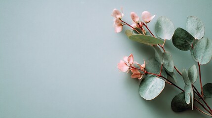 Elegant eucalyptus branches with pink flowers on a serene blue background, creating a calming and natural aesthetic for design and decoration