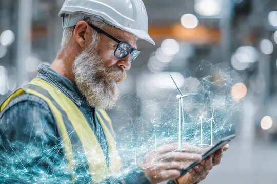 An engineer in safety vest using a smartphone with digital wind turbine models. Professional looking at an interactive model for alternative energy efficiency solutions.