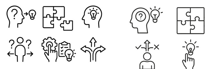 Creative thinking concepts illustrated through simple line drawings of puzzles and ideas in various shapes