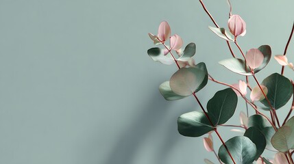 Eucalyptus branch with pink buds on a muted green background, creating a serene and natural aesthetic for various design applications