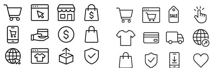 Various icons representing online shopping elements and transactions in a digital commerce environment