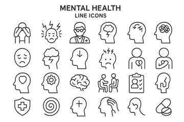 Collection of mental health line icons depicting emotions, therapy, and wellness themes
