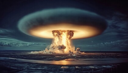 A large nuclear explosion is depicted, showing a mushroom cloud rising over a landscape with a river and city visible in the distance.