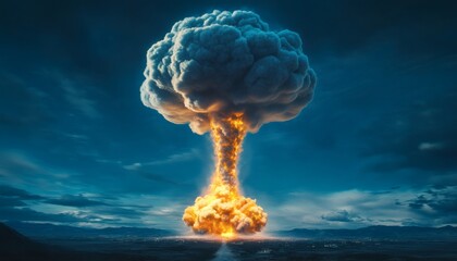 A mushroom cloud from a large nuclear explosion rises above a dark landscape with mountains and city lights visible in the distance.