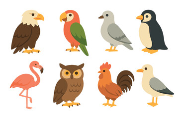 Fototapeta premium Colorful cartoon birds collection featuring owl, penguin, and parrot