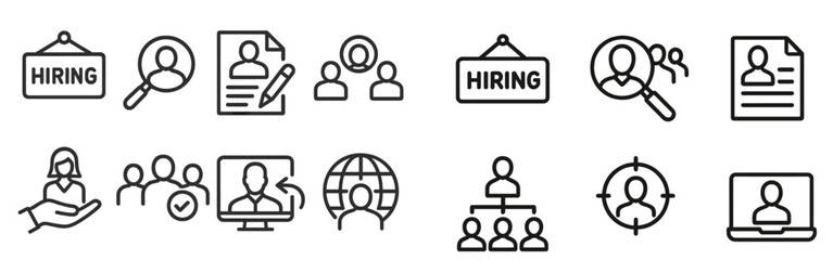 Hiring icons showcasing job search elements, recruitment processes, and candidate evaluation steps in a simple format