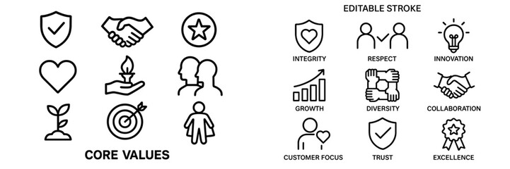 Core values and principles showcased through simple icons representing integrity, respect, and innovation for business culture