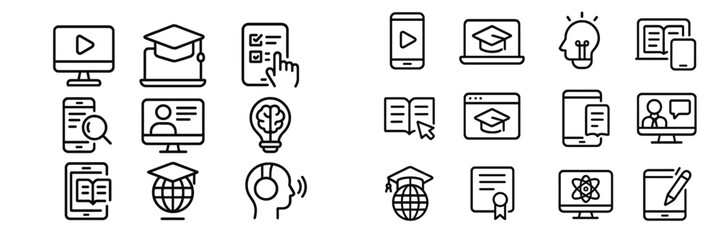Collection of educational icons representing online learning tools and resources for students and teachers