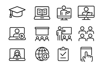 Online education icons showcasing various learning environments and activities related to digital classrooms and remote learning