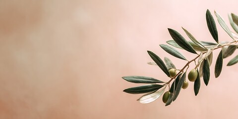 Closeup of an olive branch with green olives and leaves against a soft pink background, creating a natural and serene aesthetic