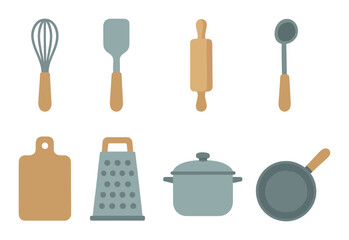 Stylized kitchen utensils: whisk, spatula, rolling pin, spoon, cutting board, grater, pot, pan