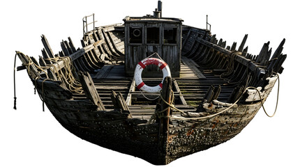 An old shipwreck isolated on transparent background shows the ravages of time
