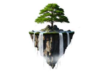 A floating island with a tree and waterfalls isolated on transparent background