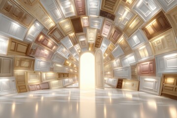 An infinite gateway of doors leading to bright opportunity, surreal art installation, with white walls and reflective surface creating a unique perspective.