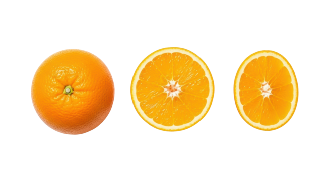 Two whole, halved, quartered vibrant orange citrus fruits precisely arranged on transparent with soft natural light, subtle shadows, clean copy space, healthy eating concept.