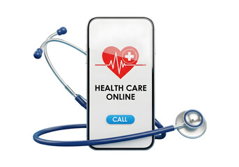 Smartphone displaying healthcare online with a stethoscope isolated on transparent background