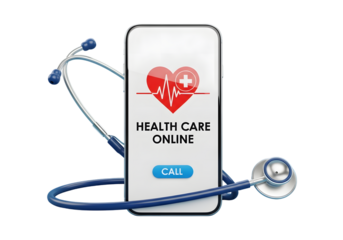 Smartphone displaying healthcare online with a stethoscope isolated on transparent background