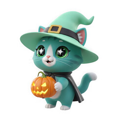 Cute halloween cat holding pumpkin isolated on transparent background isolated on transparent background
