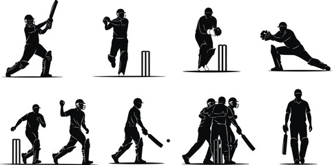 Cricket players silhouette vector illustration, batsman bowler fielder wicketkeeper design, outdoor sports icon, cricket match action, team celebration artwork