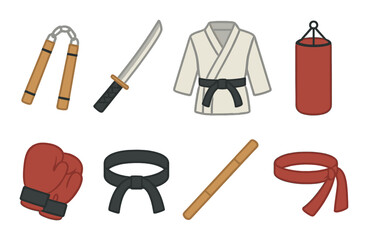 Martial arts equipment set featuring karate gi, nunchaku, katana, boxing gloves, and belt