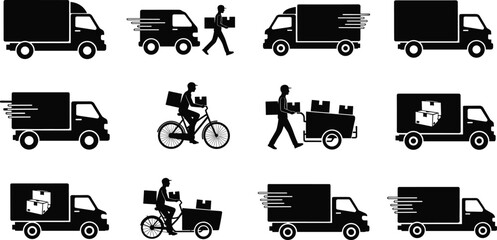 Delivery icons, cargo trucks, courier bicycles, package shipping, logistics service, transport vehicles, parcel delivery, moving vans, freight, shipping, silhouettes