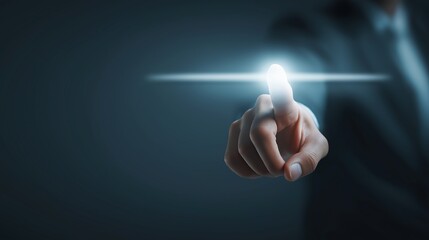 Faceless Business Professional Reaching Forward as if Pressing Invisible Glowing Button, Sleek Minimalist Background with Large Copy Space, Futuristic UI Concept