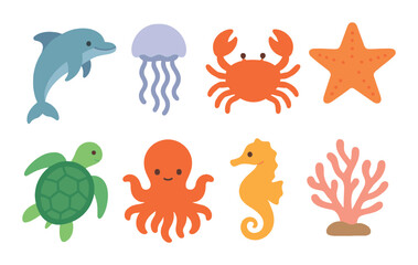 Obraz premium Colorful cartoon sea creatures with dolphin, jellyfish, crab, starfish, turtle, octopus, seahorse, coral