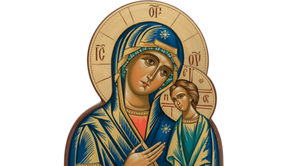 A religious depiction of a mother with a child, radiating serenity.
