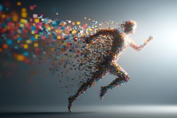 Colorful pixelated human figure running, symbolizing digital data and progress.