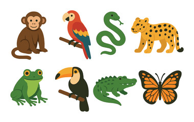 Fototapeta premium Colorful jungle animals: monkey, parrot, snake, cheetah, frog, toucan, crocodile, butterfly