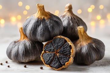 Gourmet black garlic bulbs, one cut, revealing rich dark cloves, with bokeh lights.