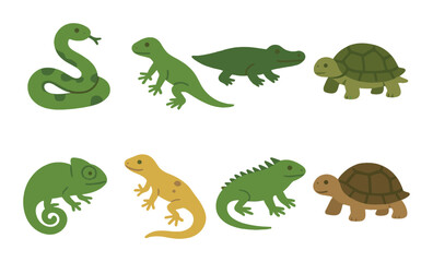 Naklejka premium Colorful reptile silhouettes on gradient background - snake, lizard, crocodile, turtle