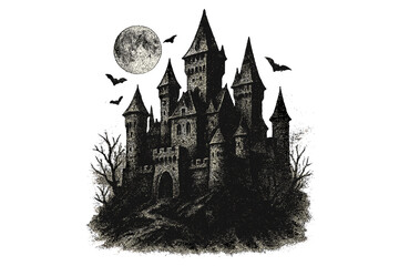 Dracula's sinister castle halftone illustration. Spooky haunted gothic palace for Halloween design. Vintage horror night landscape with full moon and bats. 90s grunge vector art.